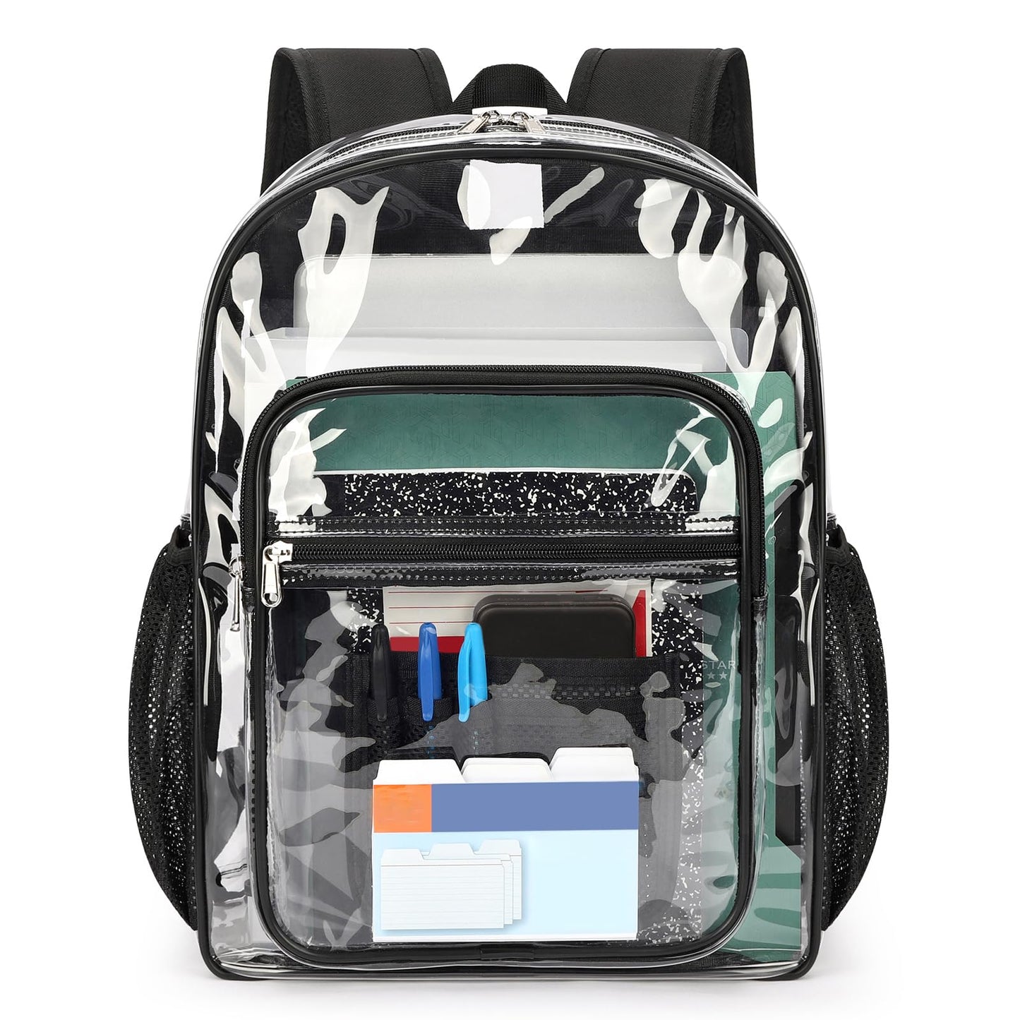 ZORFIN Clear Backpack Heavy Duty for School – 17in Transparent PVC Bag with Large Capacity & Reinforced Straps for Men, Women, Boys & Girls - See Through Bookbag for College Workplace Security, Black