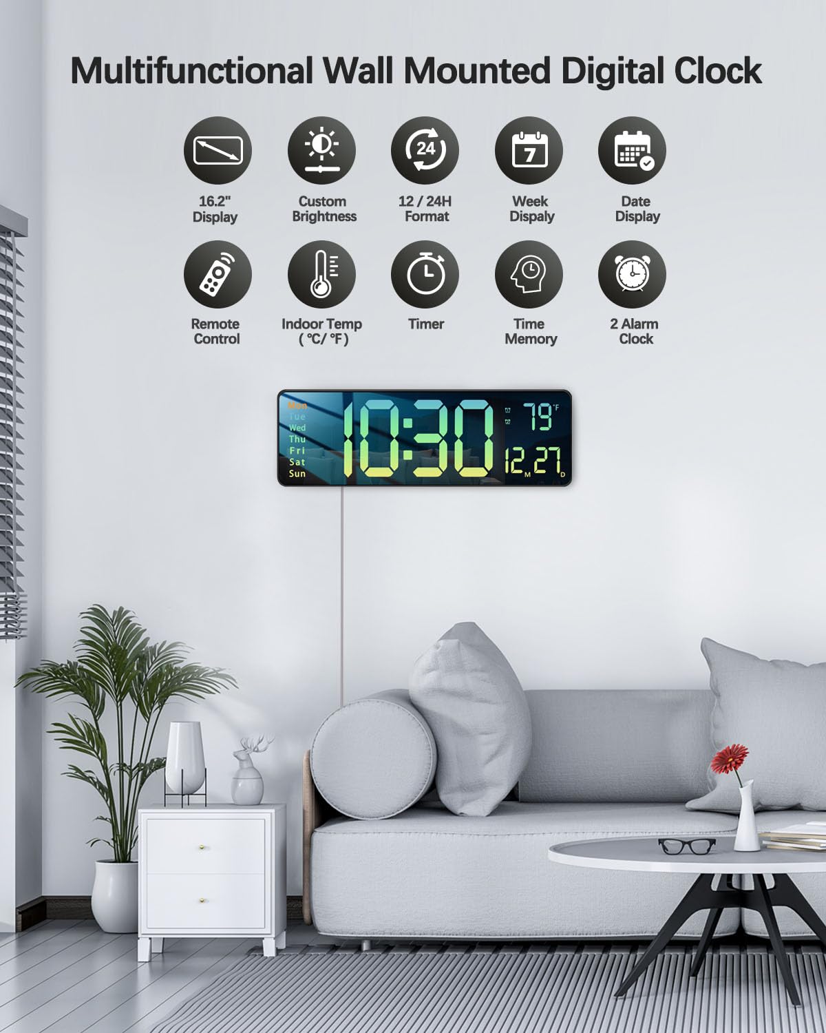 Modern 16" Large Digital Wall Clock with Remote Control, LED Display, Auto-Dimming, Countdown, Temperature, Calendar - 12/24Hr Format - Silent Wall Clock for Home, Office (Gradient Green)