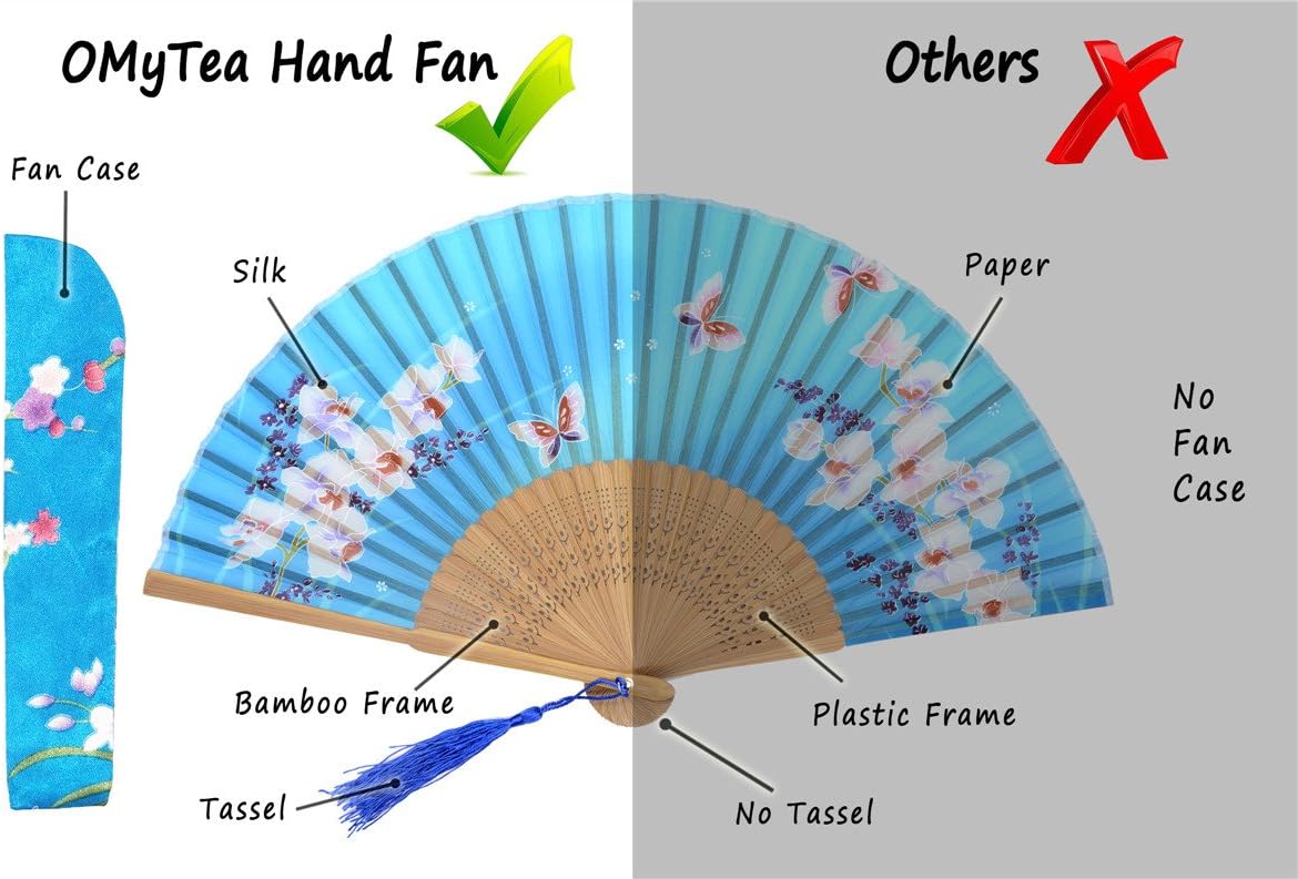 Handmade Silk Folding Fan with Bamboo Frame - Vintage Chinese/Japanese Style for Women & Girls - Gift-Ready with Protective Sleeve (WZS-33)