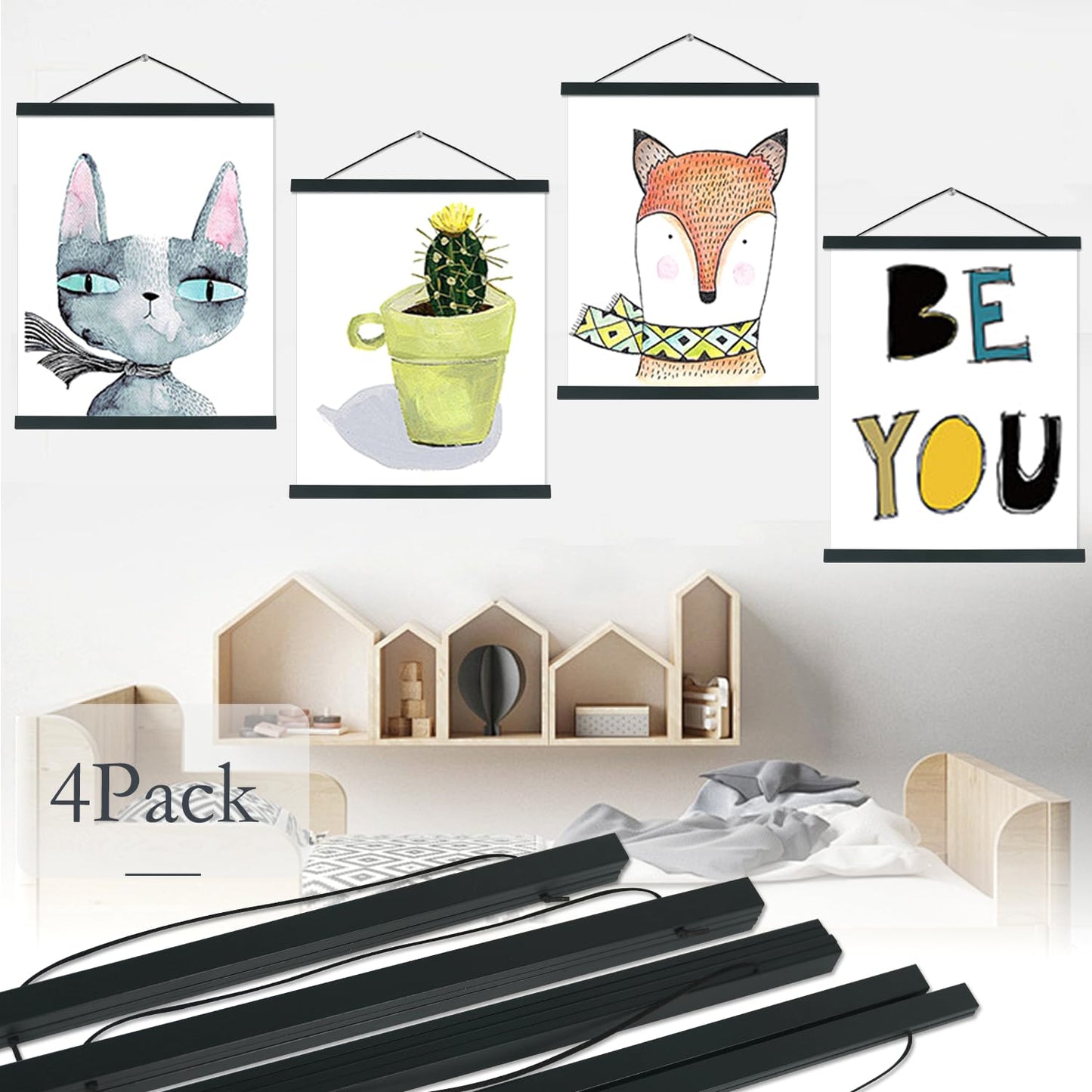 Artmag 4 Pack Magnetic Poster Hanger Frame, 14x17 14x20 14x22 Light Wood Wooden Magnet Poster Frame for Maps Canvas Artwork Pictures Poster Hangers Frames (Black,14")