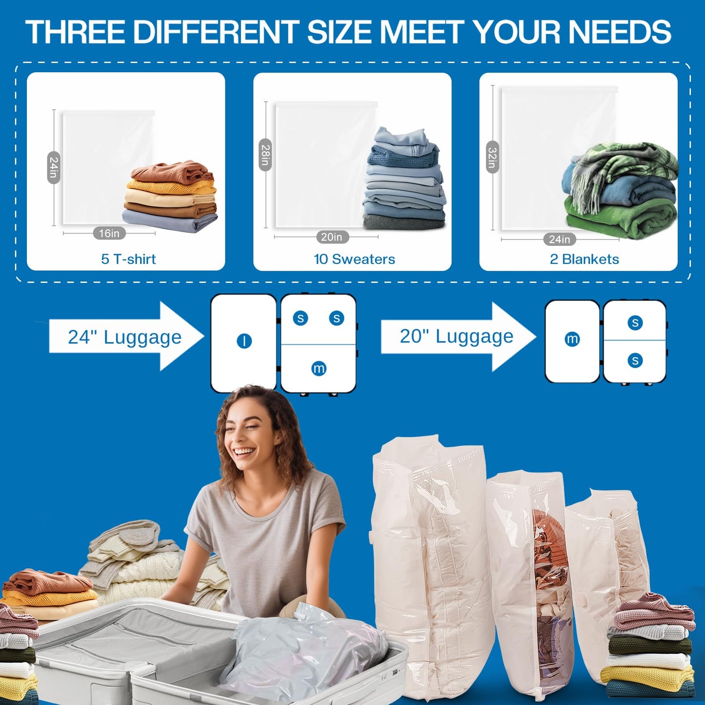 Vacbird Vacuum Bags for Travel, 6 Pack Vacuum Seal Bags for Clothing Travel, Vacuum Storage Bags with High Pressure Electric Pump, Travel Space Saver Bags for Luggage
