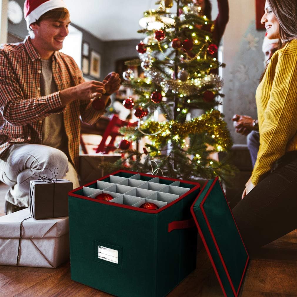 Christmas Ornament Storage Box - Holds 64 Ornaments, 4 Trays & Dividers, Durable 600D Oxford - Holiday Decoration Organizer (Green)