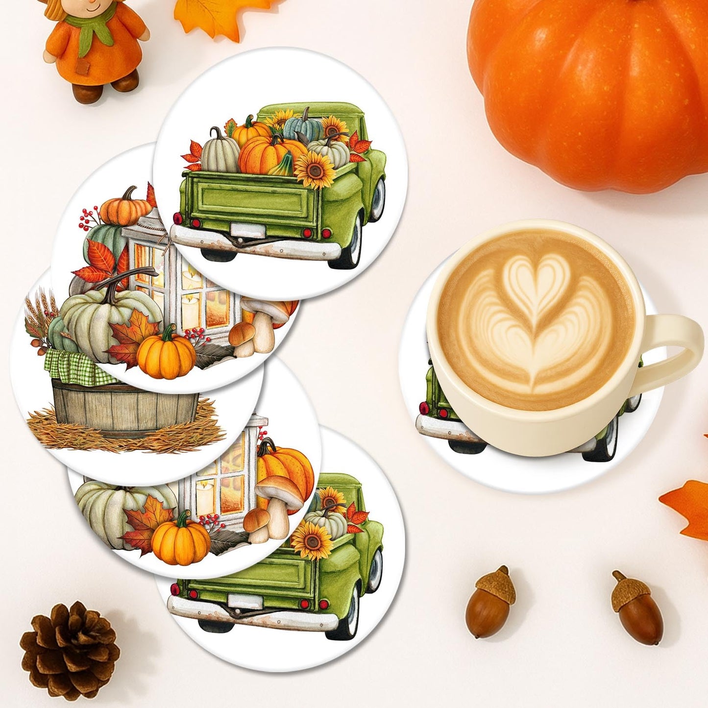 Britimes Coaster for Drinks Set of 6, Fall Leaf Thanksgiving Autumn Pumpkin Absorbent Round Ceramic Stone Mat, with Cork Base and Metal Holder, Gift for Housewarming Room Bar Decor