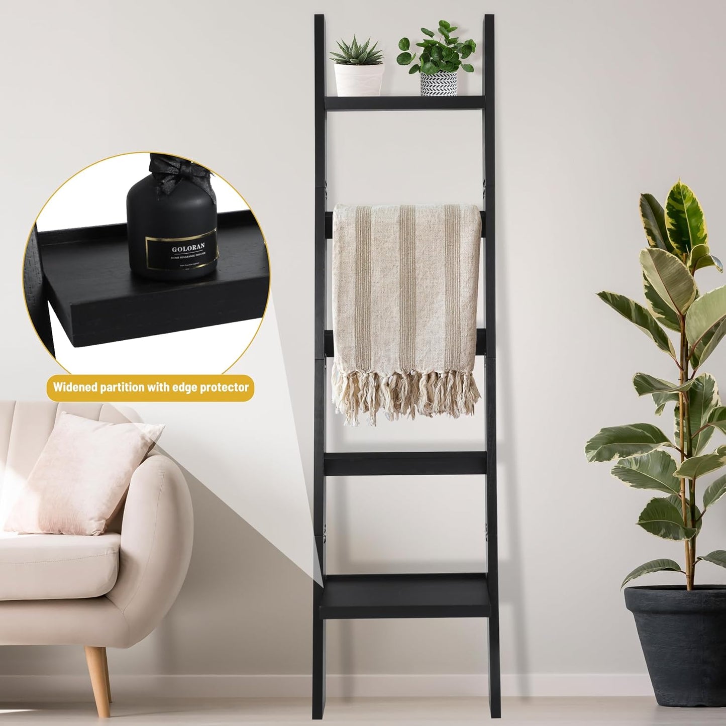 67" Wooden Blanket Ladders for The Living Room,5-Tier Ladder Shelf, Ladder Rack for Storage and Decor (Black)