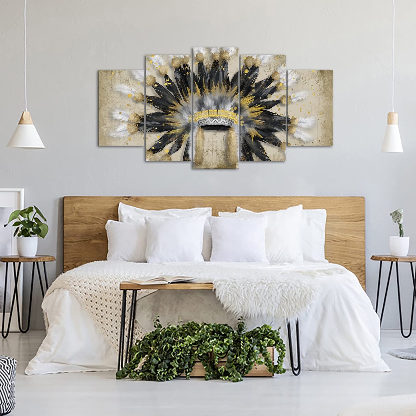 RyounoArt 5 Piece Indian Canvas Wall Art Native American Chiefs Headdress Feathered Painting Vintage Home Living Room Gallery Wrap Ready to Hang