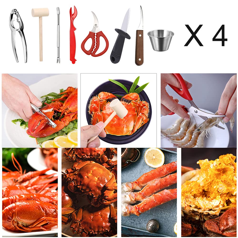 32 PCS Seafood Tools Include Crab Crackers, Seafood Scissors,Oyster Knife, Shrimp Deveiner Tool,Lobster Sheller, Crab Hammer,and Shellfish Forks,Sauce Cups and Nutcracker Set
