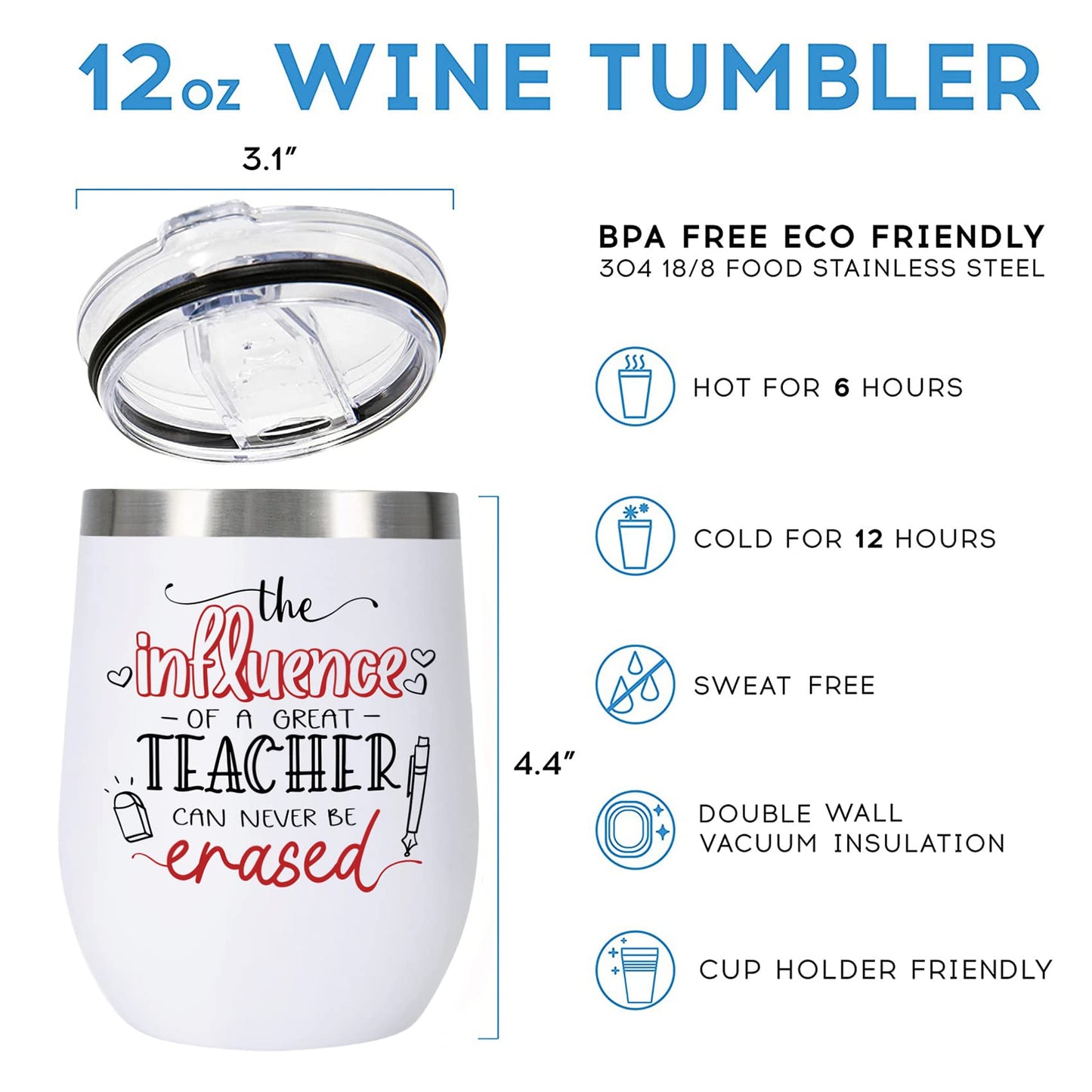 CARAKNOTS Teacher Appreciation Gifts for Women Tumbler Teacher Gifts for Valentines Graduation Birthday Retirement Christmas 12 oz Stainless Steel Wine Tumbler with Lid and Straw White