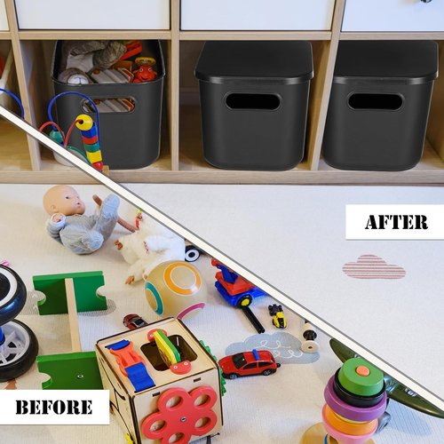 Hoolerry Colorful Storage Bins - 8-Piece Stackable Plastic Organizing Containers with Lids | Black (9.8 x 7.1 x 6.3 Inch)