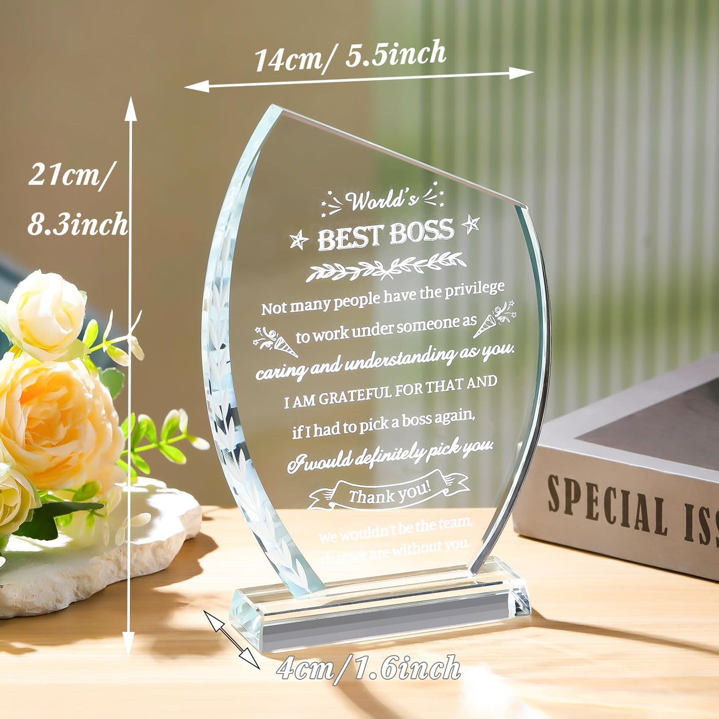 Movdyka Boss Gifts for Men Women Crystal Keepsakes Plaque World's Best Boss Gifts Appreciation Thank You Gifts Great Boss Day Birthday Ideas for Boss Office Farewell Gifts Retirement