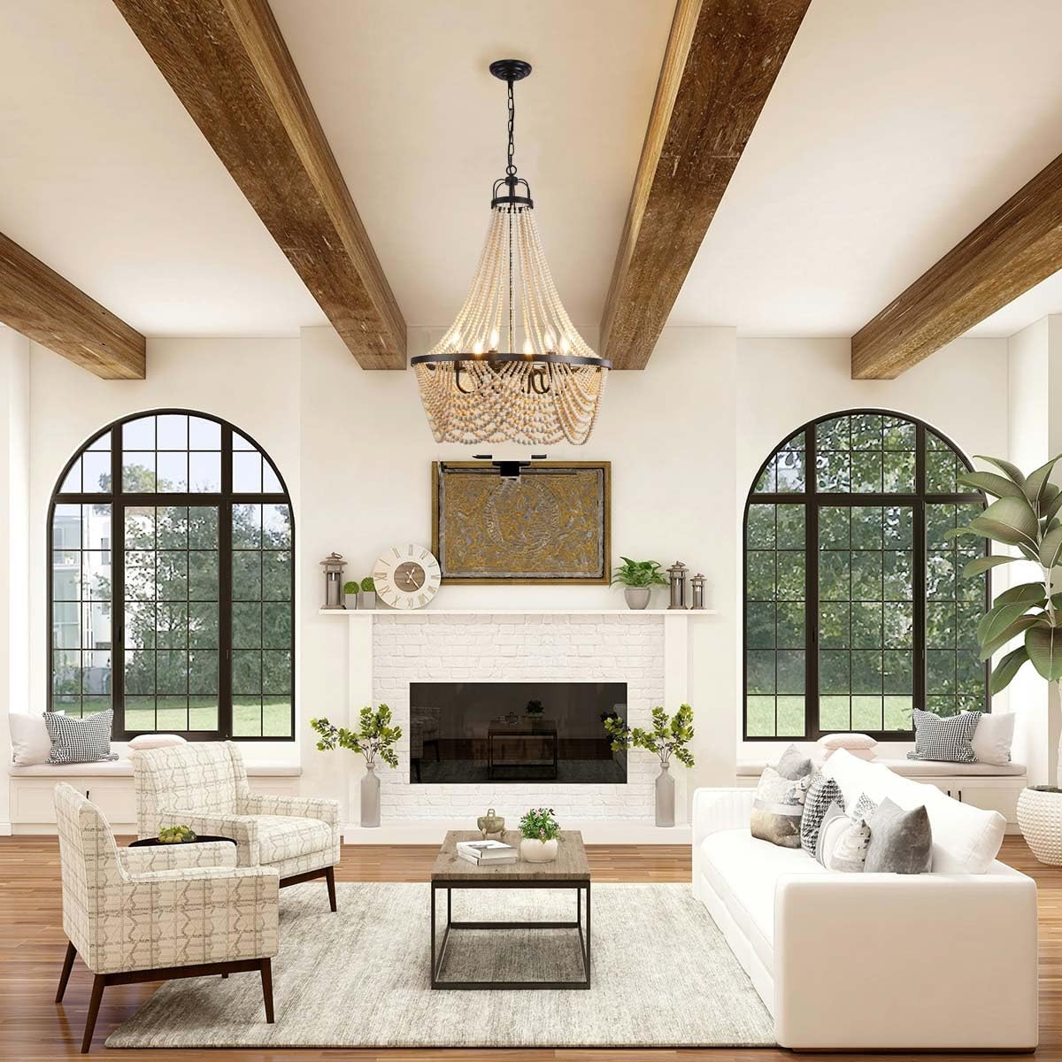 Farmhouse Boho Flush Mount Ceiling Light,3-Light Wood Bead Chandeliers,Black Metal Bohemia Hanging Pendant Lighting,Small Chandelier for Bedroom,Living Room,Entryway,Hallway