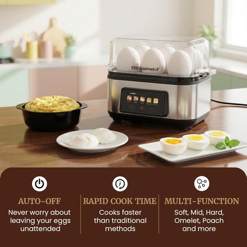 Elite Gourmet Digital Egg Cooker - 6 Egg Capacity, One-Touch Operation & Auto Shut-Off | Stainless Steel Design