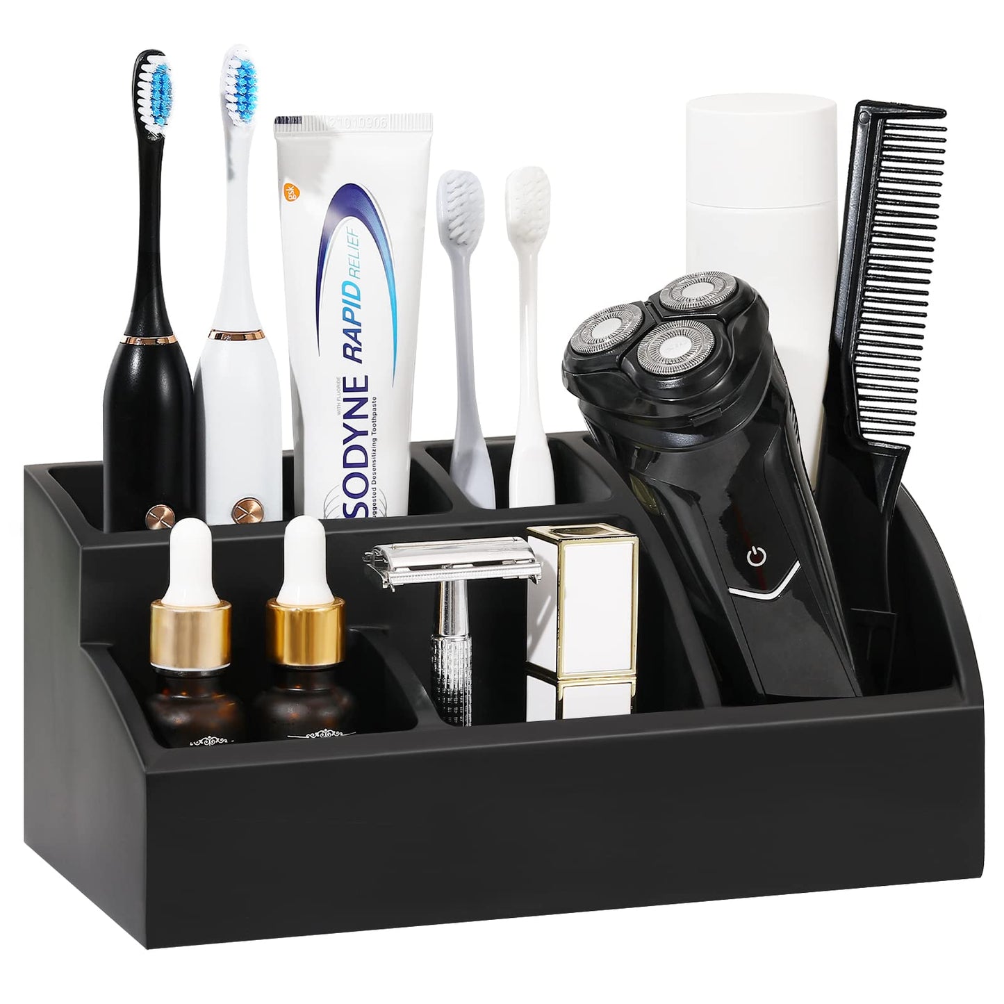 Luxspire Bathroom Counter Organizer, Toothbrush Holder for Bathroom 5 Slot, Large Bathroom Countertop Organizer Storage Marble Bathroom Accessories for Toothbrush Toothpaste, Matte Black