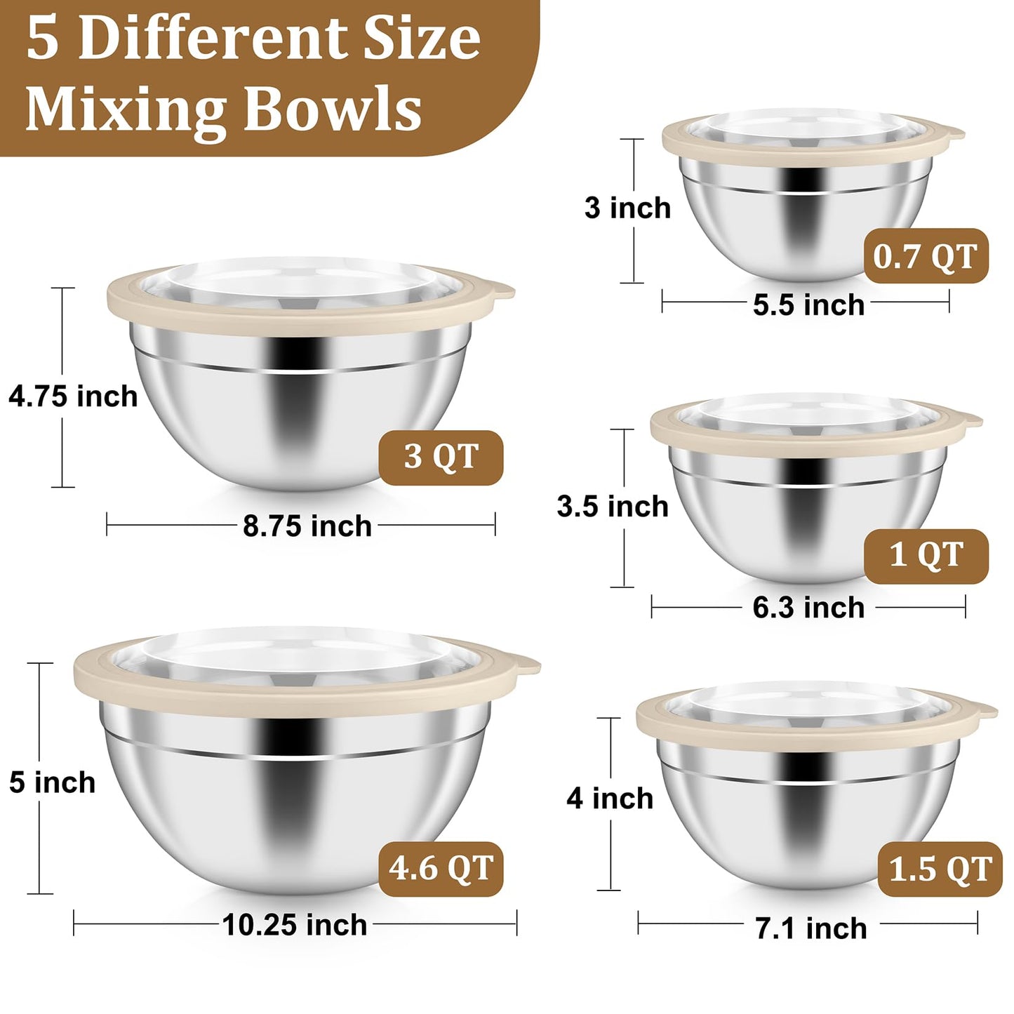 P&P CHEF Mixing Bowls with Visible Airtight Lids Set of 5, 10-Piece Stainless Steel Mixing Nesting Bowl, Metal Bowl with Lid for Kitchen Prepping & Storing, Size 4.6, 3, 1.5, 1, 0.7 QT, Khaki