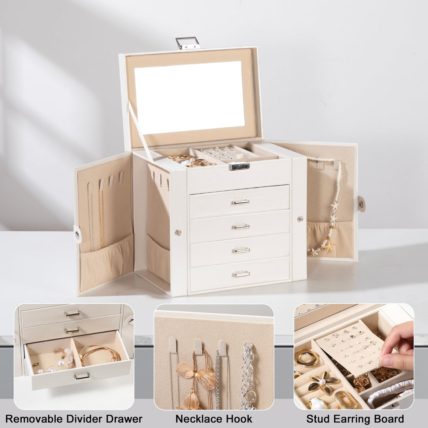 Frebeauty 5-layer Jewelry Box,Faux Leather Jewelry Organizer with 4 Drawers,Jewelry Organizers and Storage with Mirror,Jewelry Holder Organizer for Necklace,Jewerly Boxers for Women Girls(Grey)