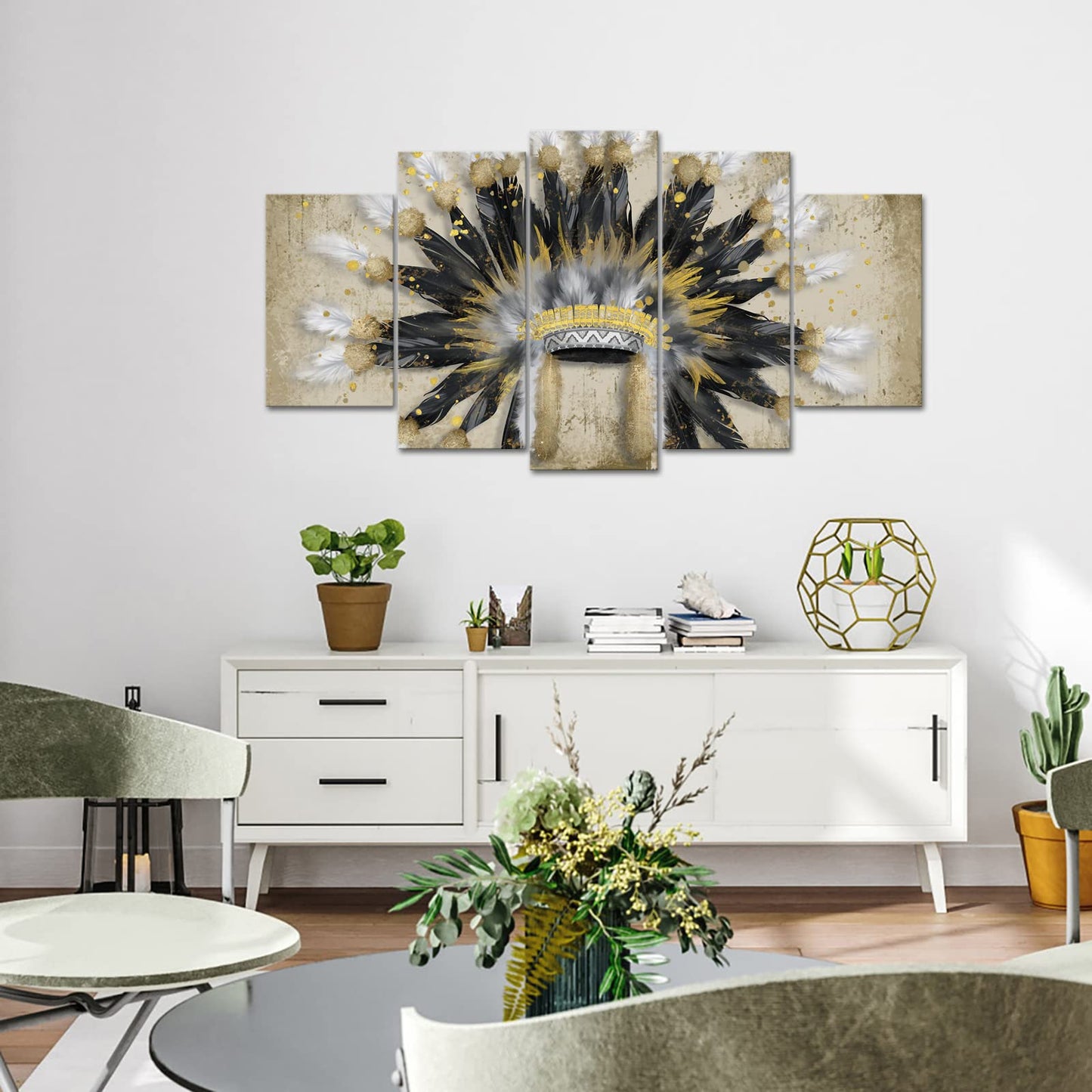 RyounoArt 5 Piece Indian Canvas Wall Art Native American Chiefs Headdress Feathered Painting Vintage Home Living Room Gallery Wrap Ready to Hang