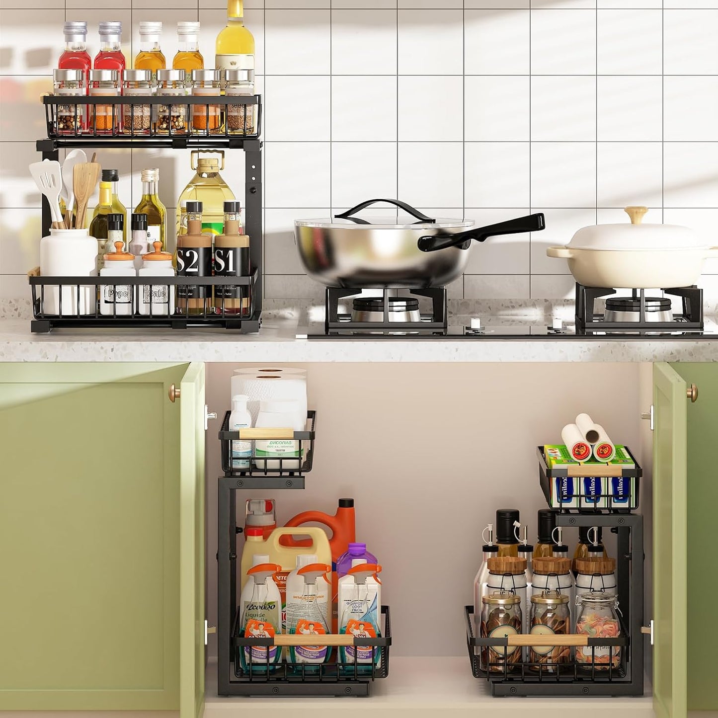 REALINN Under Sink Organizer - Height Adjustable 2-Tier Pull-Out Drawer Storage for Kitchen & Bathroom