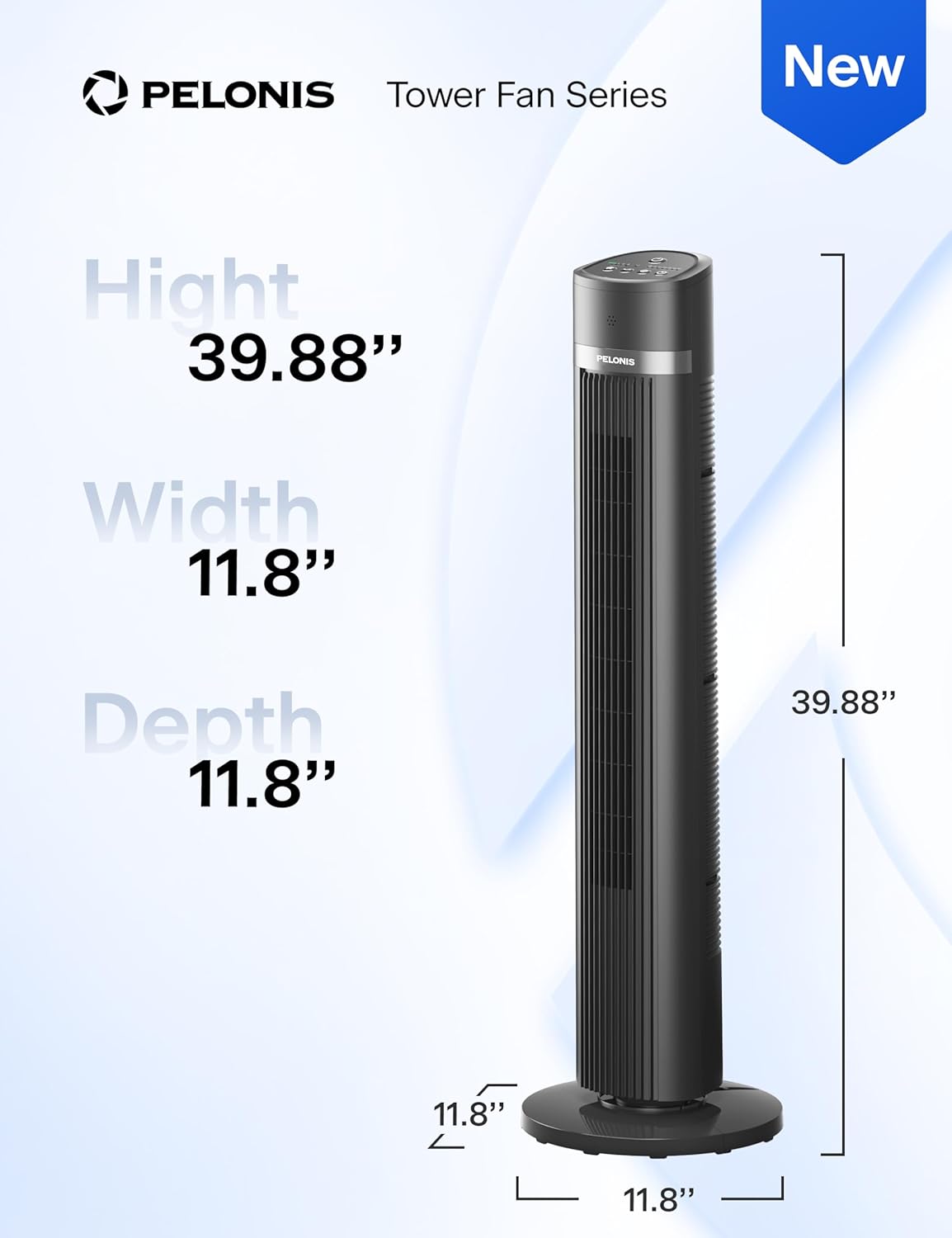 PELONIS Bladeless Tower Fan - 40 Inch Standing Fan with Remote, 90Β° Oscillation, 3 Speed Modes, Grey