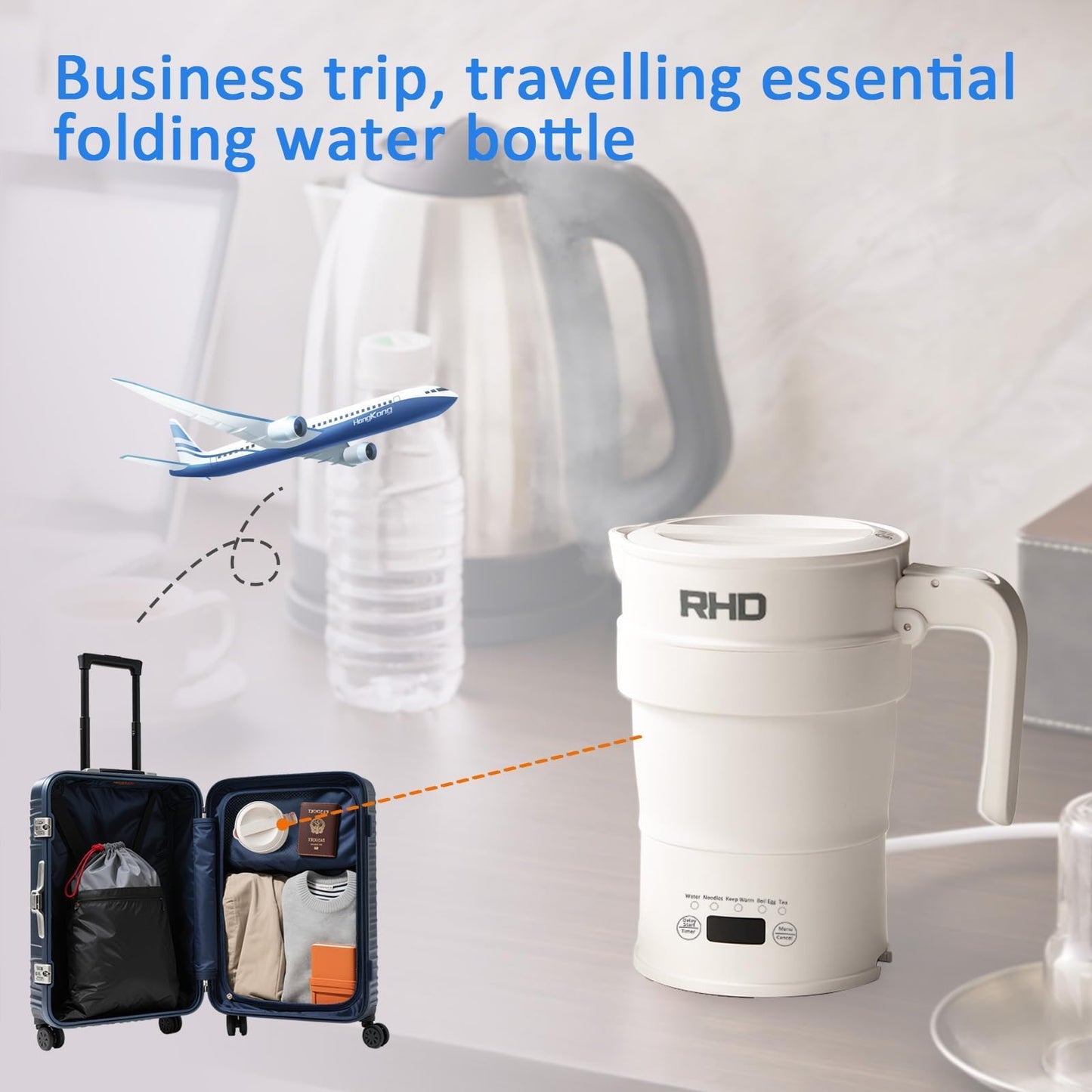 Travel Foldable Electric Kettle, 700ML Hot Water Kettle with Multifunctional Panel, Collapsible Small Boiling Water Kettle with Keep Warm & Delay Start, BPA-Free, 600W, 304 Stainless Steel, White