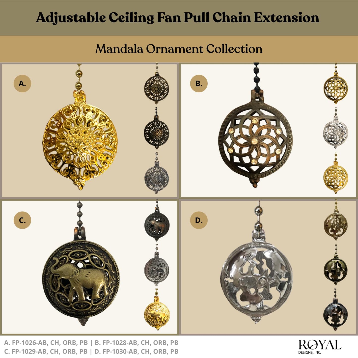 Royal Designs, Inc. FP-1028-CH-2 Adjustable Ceiling Fan Pull Chain Extension with Lustering Lotus Ornament, 24 inch, Chrome, 2-Pack