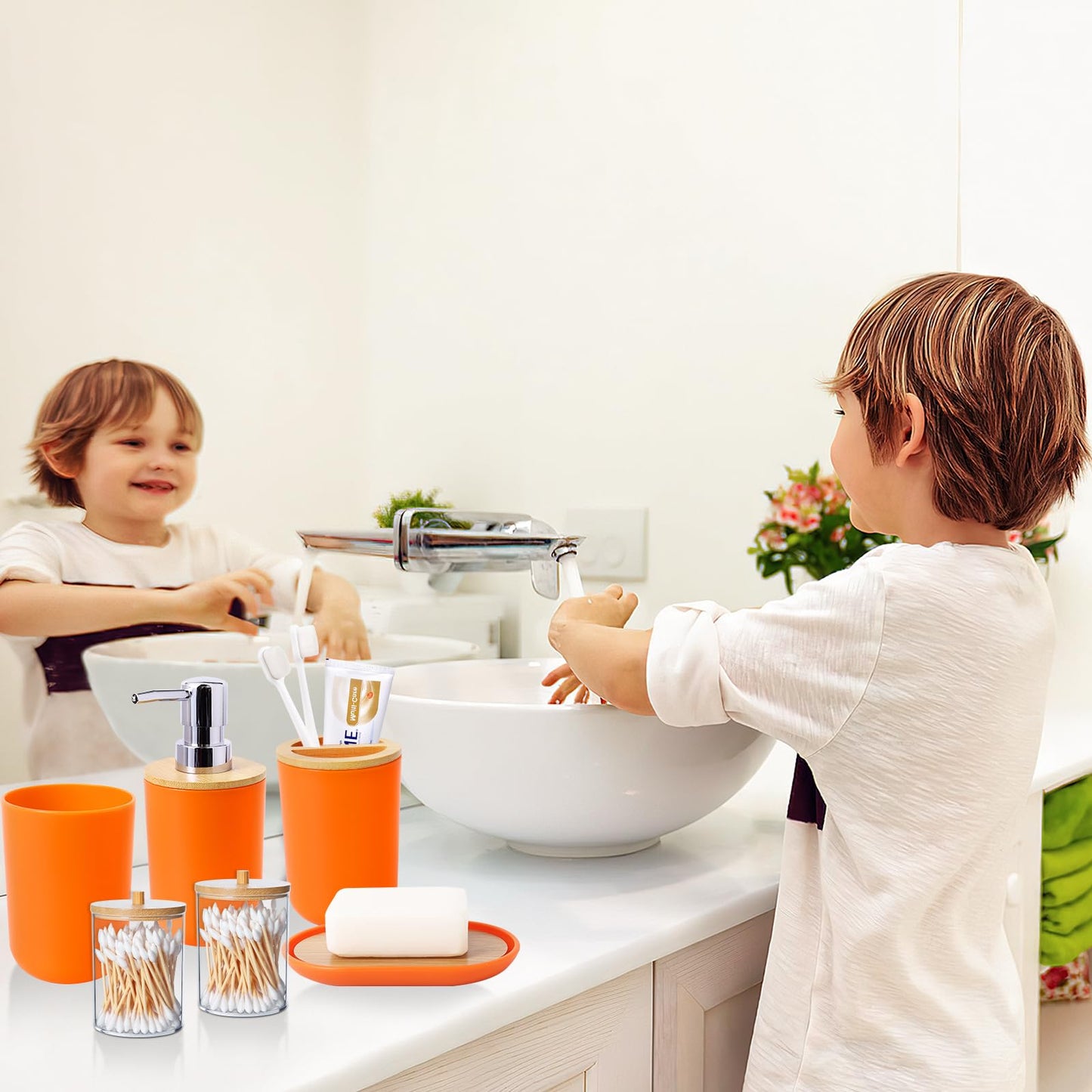 SLDIYWOW 9 Pieces Orange Bathroom Accessory Set, Plastic Bathroom Accessories Set with Trash Can,Soap Dispenser,Toothbrush Holder,Toothbrush Cup,Soap Dish,Toilet Brush and Q-tip Holders for Bathroom