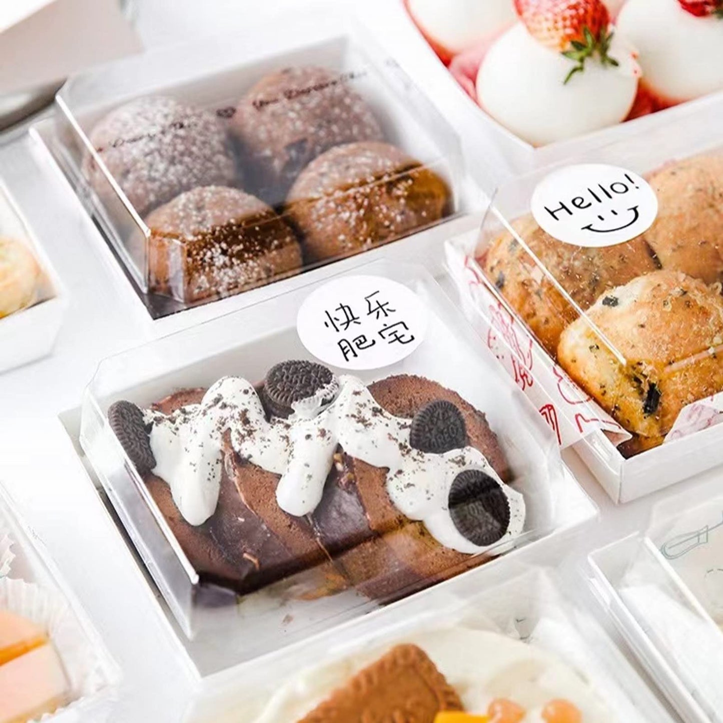 RomanticBaking 100 Pack 4x4x2.55 Inches Charcuterie Boxes with Clear Lids - Bakery, Cookies, Chocolate Covered Strawberries, Mini Cake, Pie, Cinnamon Roll Treat Boxes for Parties