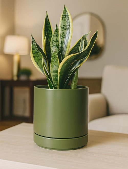 D'vine Dev Ceramic Planter Pot - 6.5 Inch Indoor Cylinder with Drainage Hole & Saucer | Olive Color