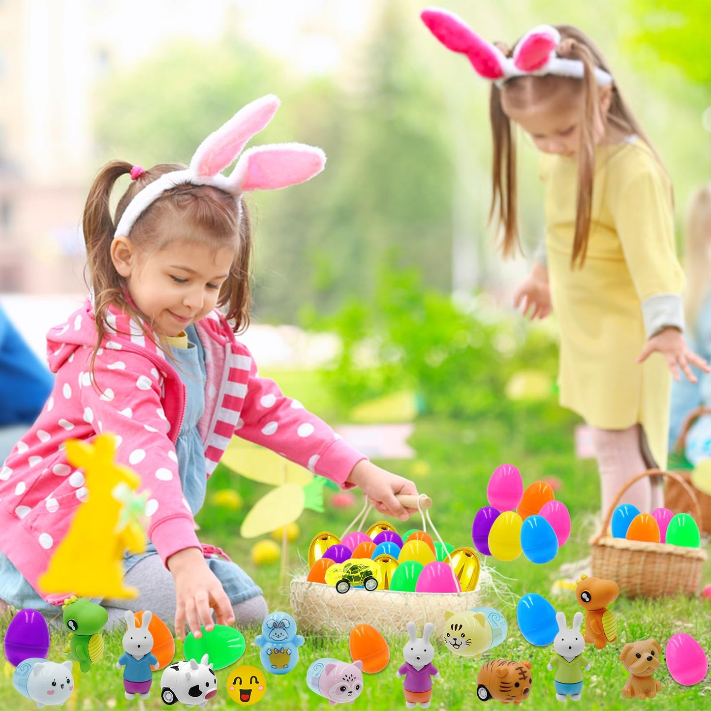PIONJOY 50PCS Prefilled Easter Eggs with Toys ,50 Plastic Easter Eggs Fillers with Assorted Toys Easter Basket Stuffers for Kid Toddler Boys Girls Party Favors