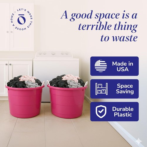 HOMZ Utility Tub - 18 Gallon Large Plastic Storage Bucket with Rope Handles | Pink for Indoor & Outdoor Use
