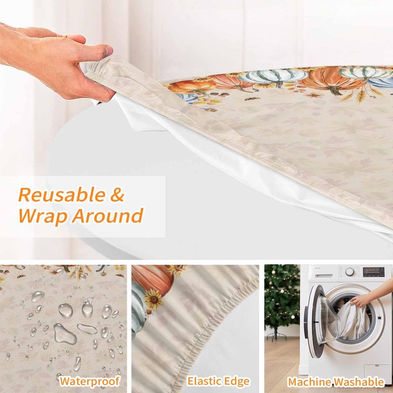 Thanksgiving Round Fitted Tablecloth 45-54inch, Autumn Pumpkin Sunflower Table Cover with Elastic Edged Waterproof Spillproof Table Cloths for Kitchen Dining Patio Holiday Tables, Fall Maple Leaves