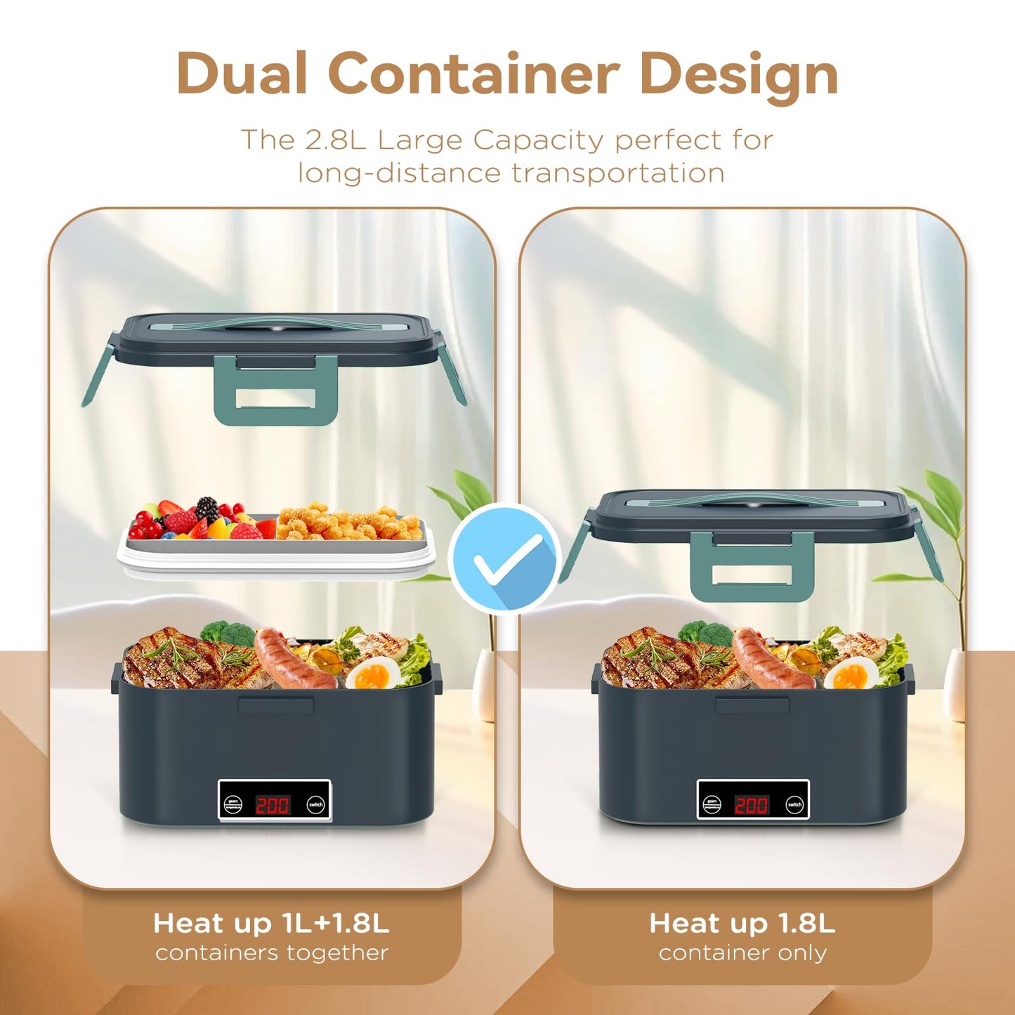 Electric Lunch Box Food Heater for Adults, 80W Heated Lunch Box with Digital Temperature Display,12V/24V/110V 1.8L Stainless Steel & 1L PP Fruit Container Portable Food Warmer LunchBox for Car/Work