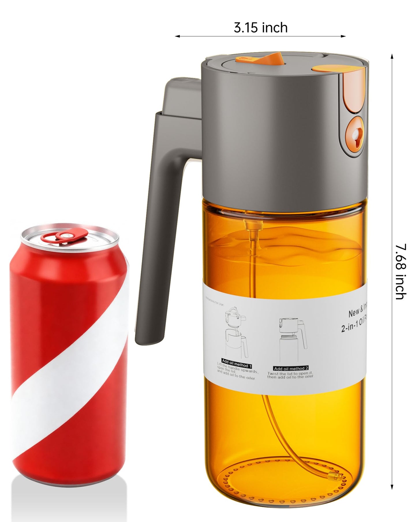 OURCABECUE Upgrade 2 in 1 Oil Sprayer for Cooking, 17oz Light-Blocking Glass Olive Oil Dispenser Bottle for Kitchen,Food-Grade Oil Mister with 8 Stickers for Salad, Frying (Grey)