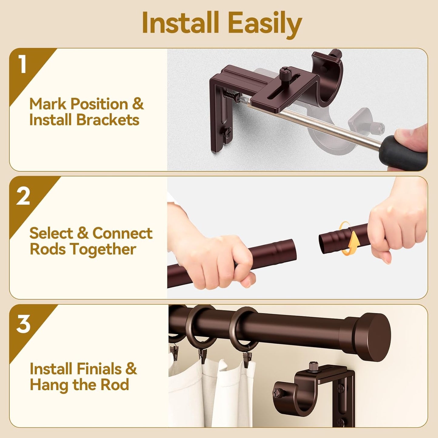 YaFex Curtain Rods - Heavy Duty 1 Inch Adjustable Window Treatment Rods | 32-84 Inch, Bronze Finish