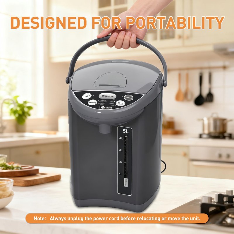 Rosewill Electric Water Boiler and Warmer - 5L/5.3 Qt Stainless Steel Hot Water Dispenser w/Rotating Base, Keep Warm Temperature Set, Auto Shut Off, Safety Lock - Gray