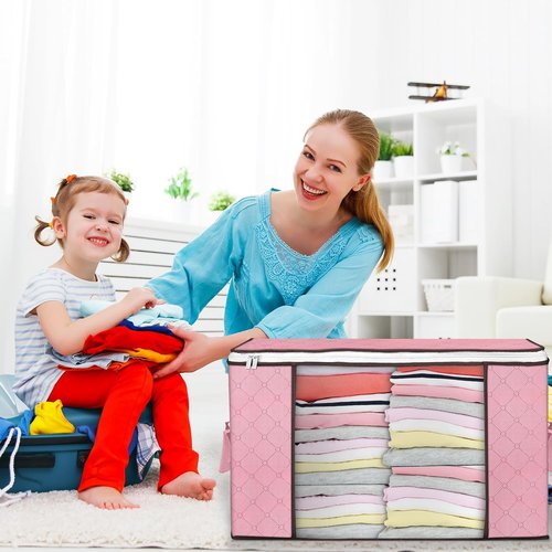 Budding Joy 90L Large Storage Bags - 4 Pack Foldable Closet Organizers for Clothes, Blankets & Toys | Pink