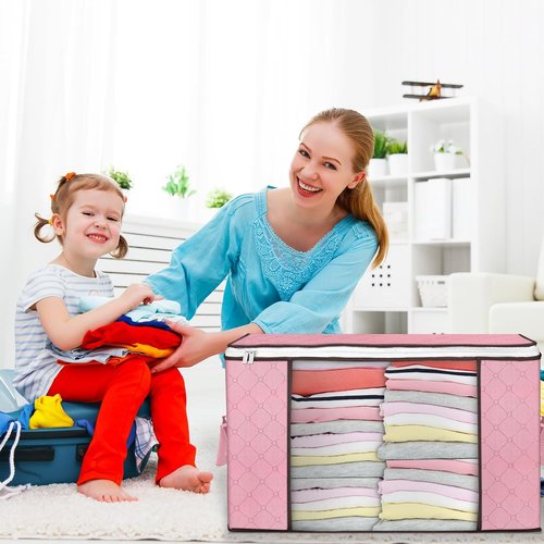 Budding Joy 90L Large Storage Bags - 6 Pack Foldable Closet Organizers for Blankets & Pillows | Pink