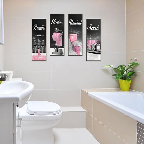 Honoson Bathroom Wall Art Decor - 4 Pcs Farmhouse Signs for Soaking, Unwinding & Relaxing | Black & Pink