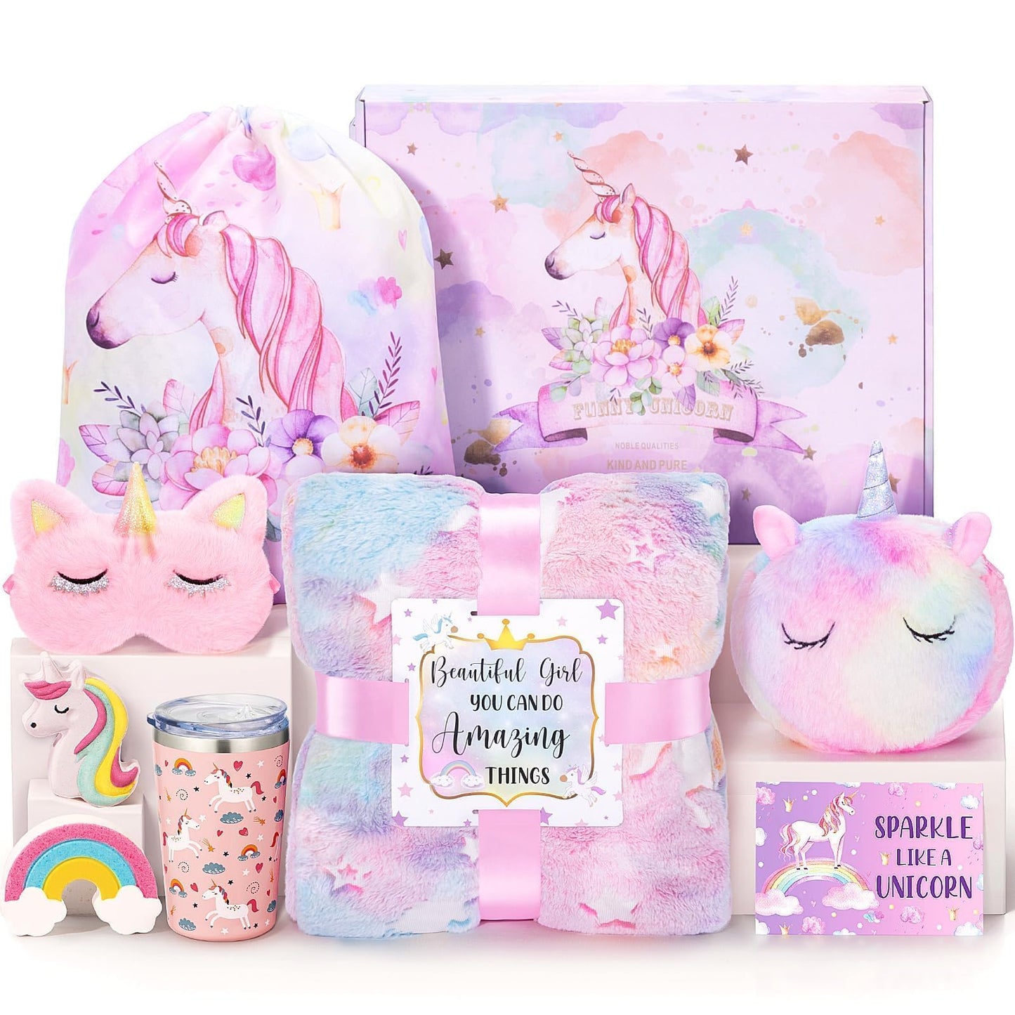 Tiblue Unicorn Toys for Girls Ages 4-6, Kids Girl Valentine Gift Tween Girl Gift Trendy Stuff Birthday Gifts for 4 5 6 7 8 9 10 11 12 Year Old Toddler Teen Girl with Glow in The Dark Blanket Cup Purse
