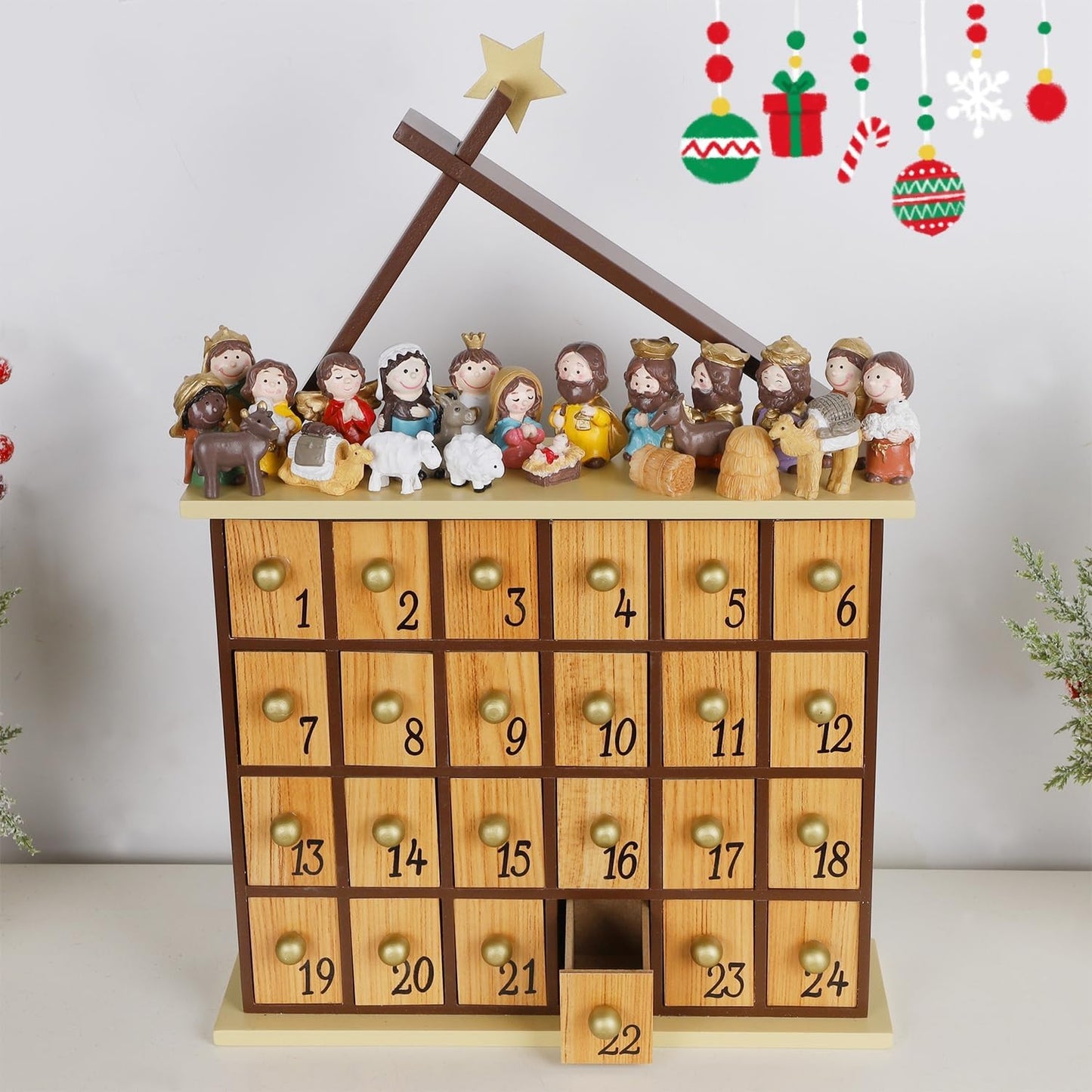 Juegoal Nativity Advent Calendar - Countdown to Christmas with 24 Figures & Drawers | Perfect Holiday Gift for All Ages