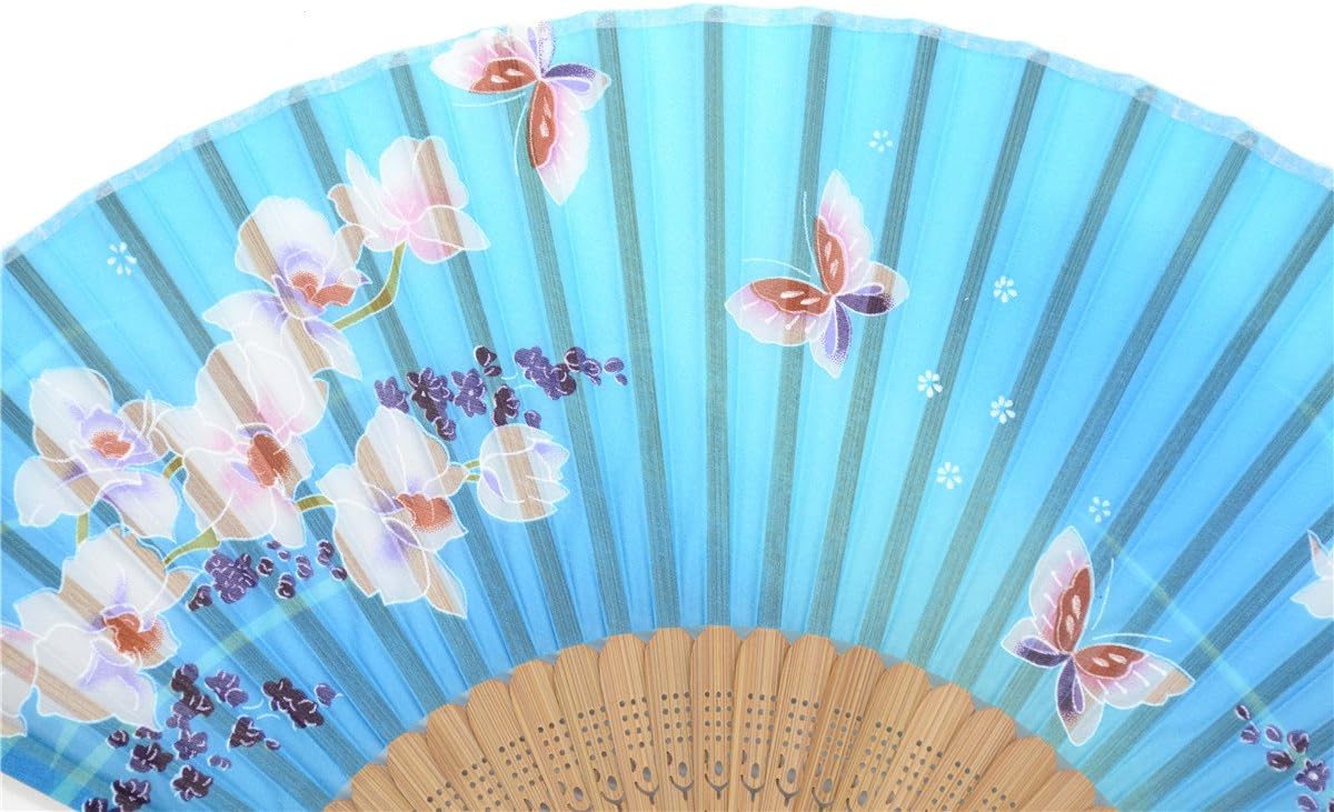 Handmade Silk Folding Fan with Bamboo Frame - Vintage Chinese/Japanese Style for Women & Girls - Gift-Ready with Protective Sleeve (WZS-33)