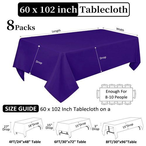 Heneger 8 Pack Purple Tablecloth 60 x 102 Inch for 6 Foot Rectangle Tables, Wrinkle Resistant Purple Rectangular Table Cloth Washable Polyester Fabric for Holiday Buffet Wedding Party Banquet