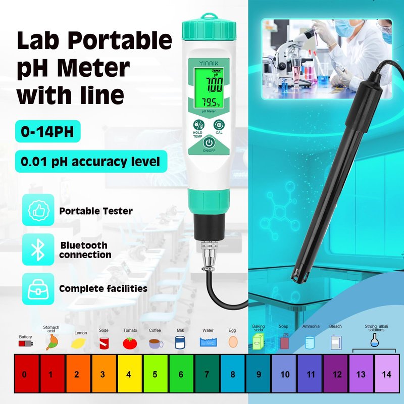 Smart pH Meter for Laboratory, Digital pH Tester, Accurate Hydroponic pH Test Kits, pH Meter with line for Pool Aquarium Water Treatment Accurately Measure and Monitor pH in Wide Range of Media