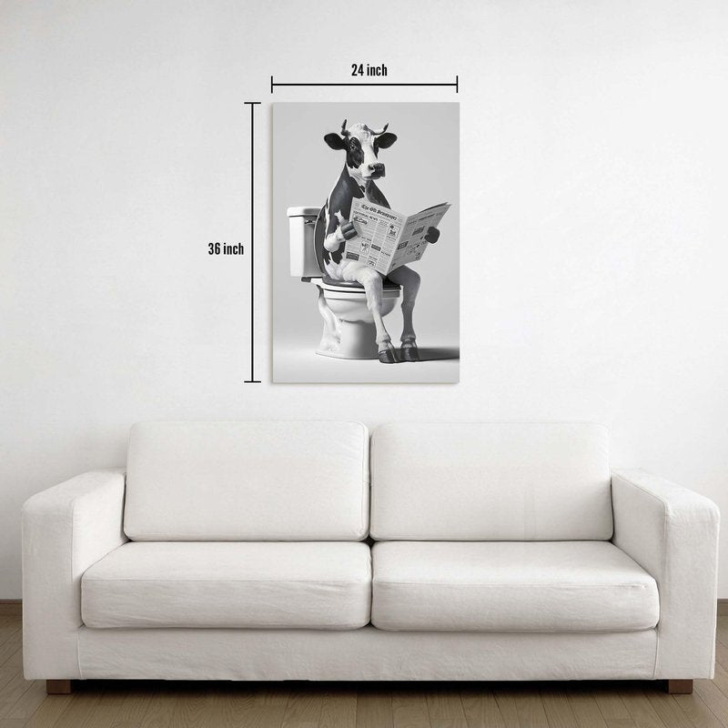 Animal Bathroom Wall Art Decor: Funny Cow Canvas Picture Black and White Bathroom Print Artwork Fun Animal on Toilet Painting for Home Restroom Farmhouse