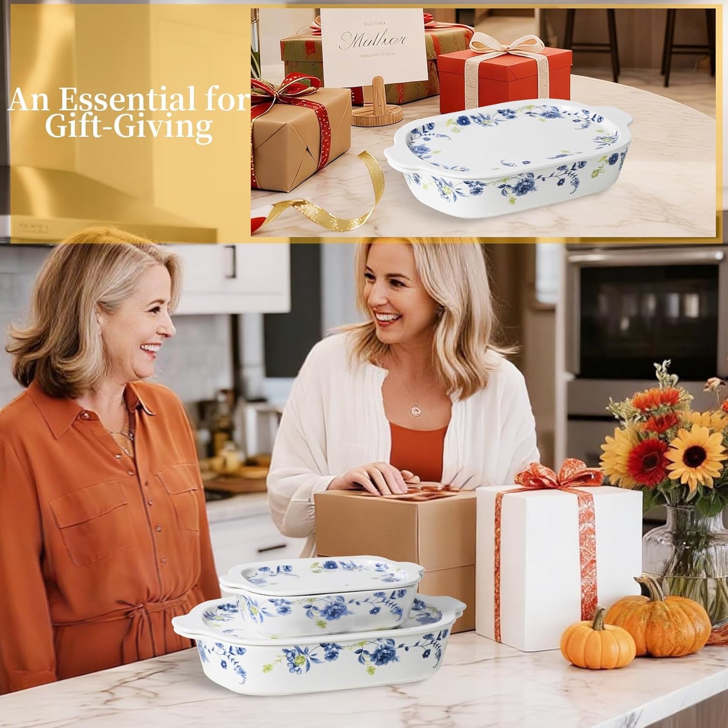 Skiennix Ceramic Casserole Dish Set - 4-Piece Bakeware with Lids | Oven & Microwave Safe, 13x8 & 9x6 Inch