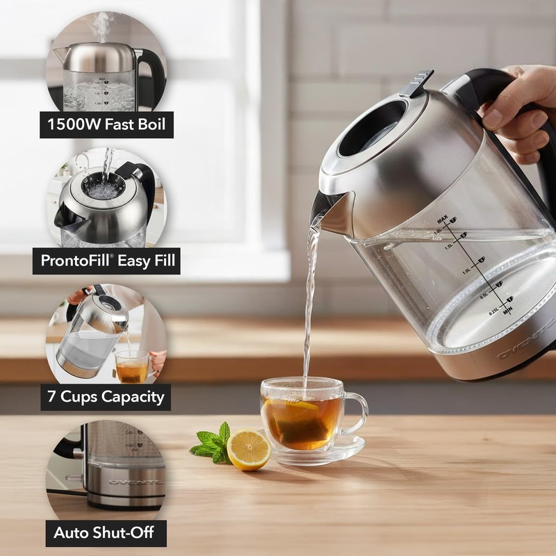 OVENTE Electric Kettle, 1500W No Plastic 1.8L Tea Kettle and Hot Water Boiler For Coffee or Tea, Easy to Fill Lid, Automatic Shut-Off, Borosilicate Glass with Stainless Steel Spout, Silver KG71S