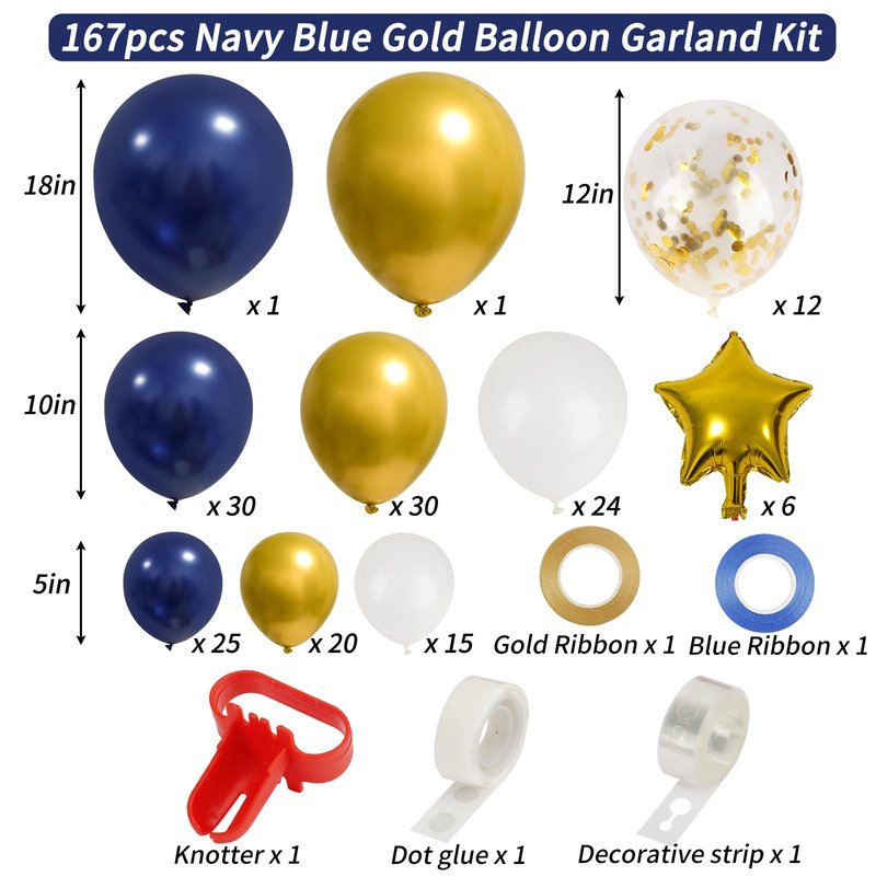 RUBFAC Navy Blue Gold Balloon Garland Arch Kit, 167pcs Royal Blue Gold White Balloons with Gold Confetti Balloons and Star Foil Balloons for Graduation Birthday Baby Shower Party Supplies Decorations