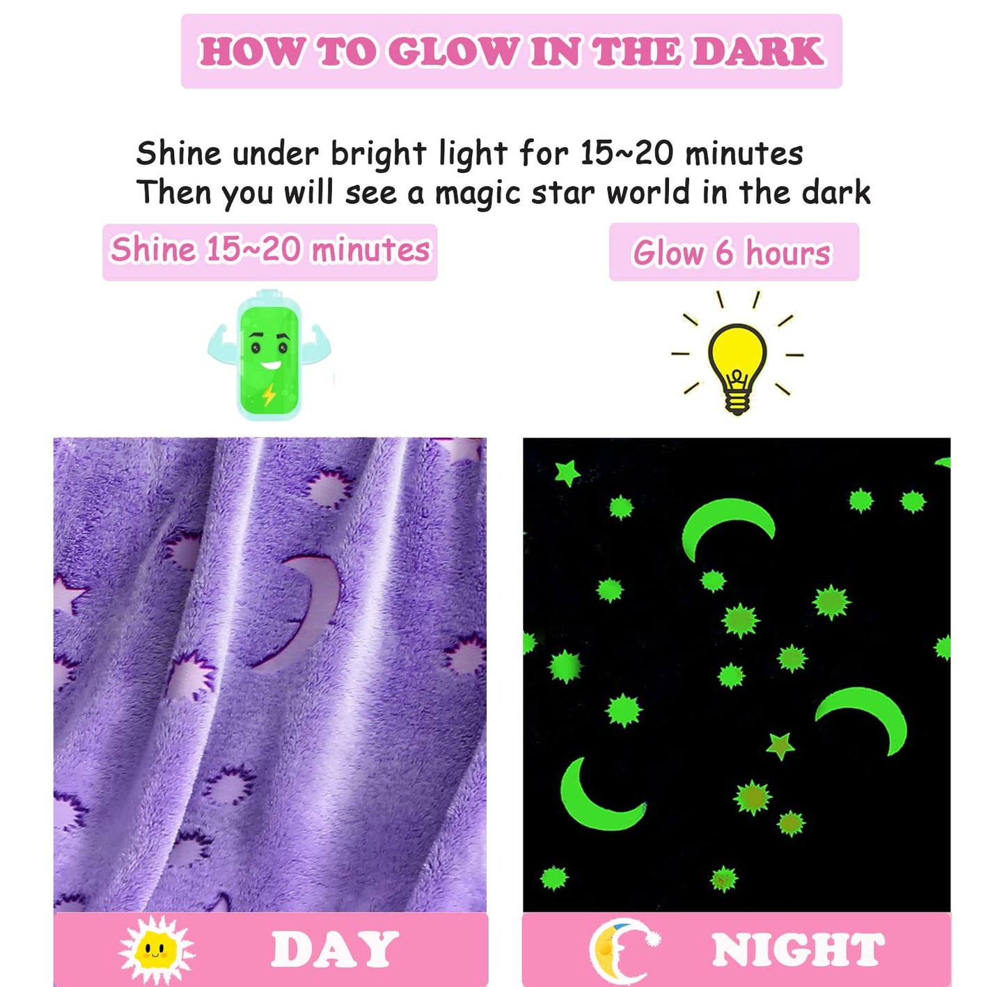 AUIVTY Glow in The Dark Blanket for Girls Birthday Purple Pink Moon Star Soft Throw Blanket for Kids Toddler Teen Girls Women (Purple, 60x80 inch, Moon Star)