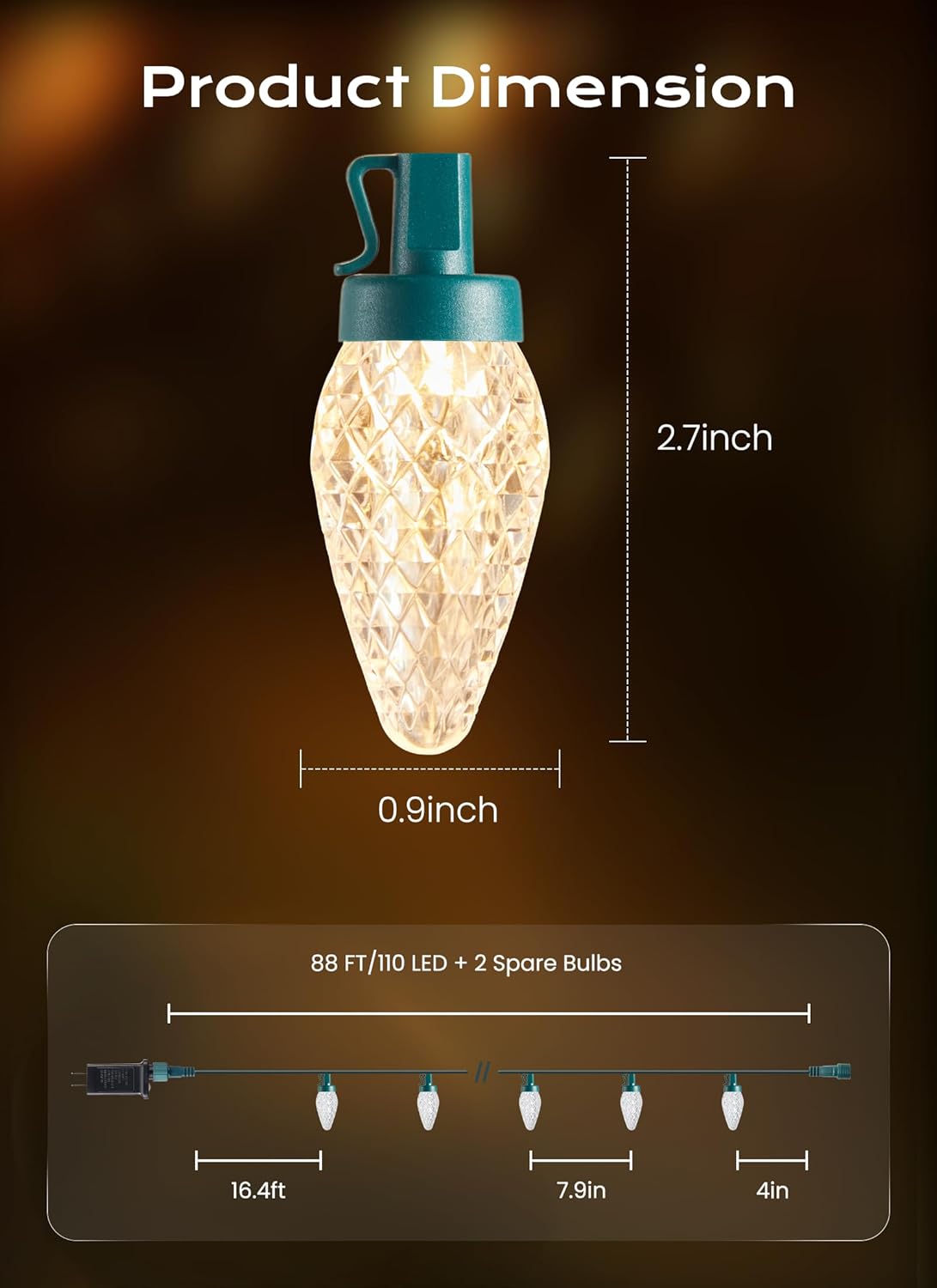 C9 Christmas Lights - 72 FT Connectable LED String Lights | 8 Modes & Timer - Waterproof Warm White Decor