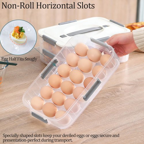 Deviled Egg Container with Lid, Double Layer Egg Container, 36 Count Deviled Egg Tray- Secure Lock & Handle, Stackable, Leak-Proof Design for Parties & Catering, White