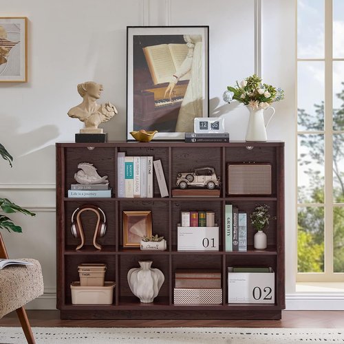 Joaxswe 12 Cube Storage Organizer - 41" Large Bookshelf with Curved Edges | Vintage Wood Bookcase in Walnut