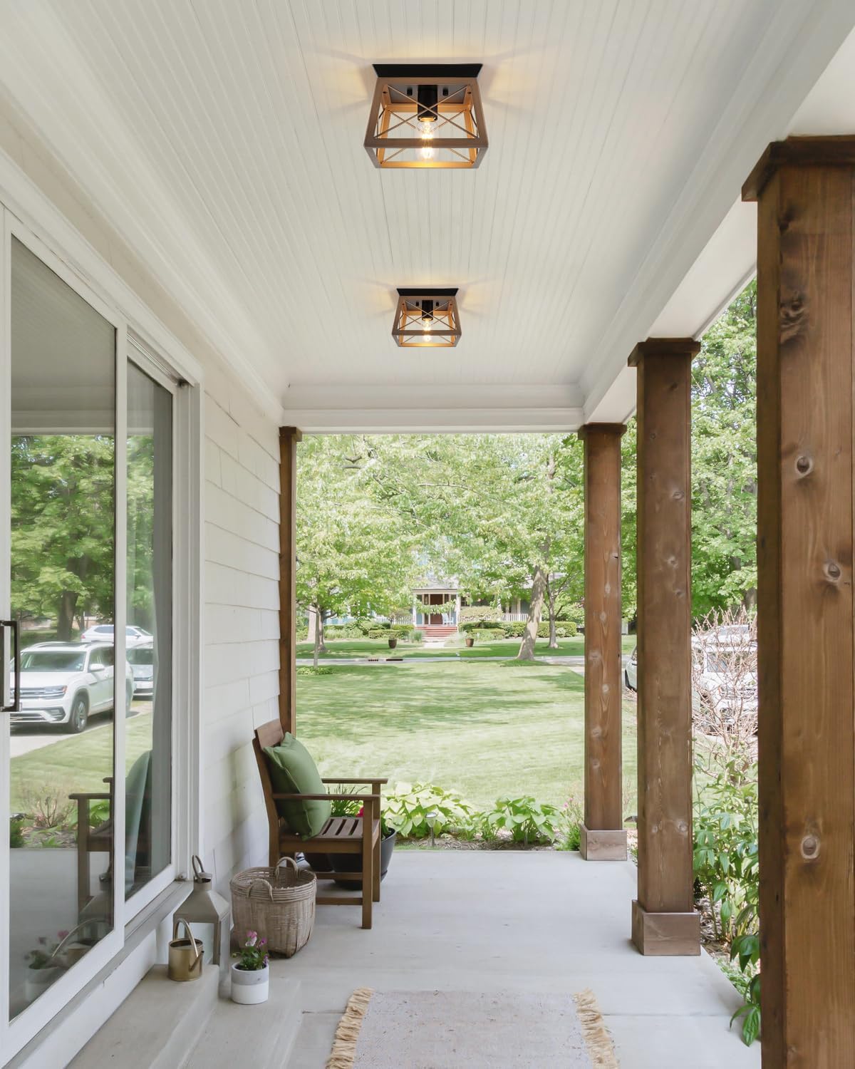 Farmhouse Flush Mount Ceiling Light Oak White Ceiling Light Fixtures 2-Light Industrial Vintage Metal-Framed Ceiling Lighting for Hallway Foyer Kitchen Dining Room Bedroom Living Room Laundry
